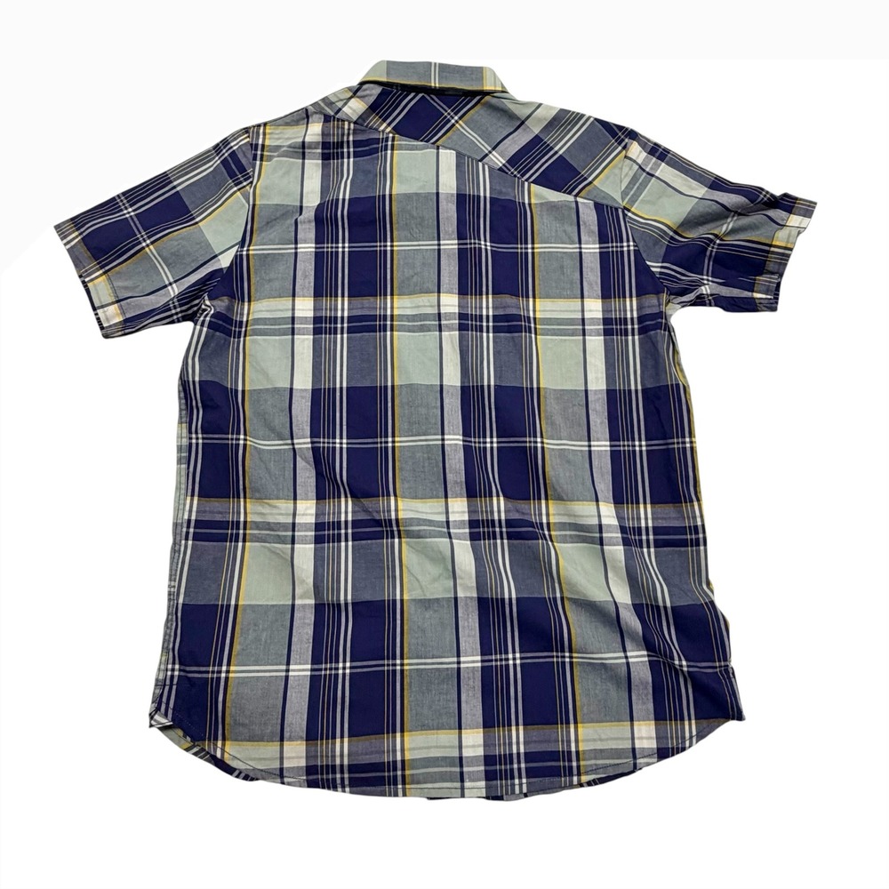 Volcom Ex Factor Plaid SS Youth Shirt Blue Grey Yellow Button Down Boys XL NEW - Picture 2 of 6
